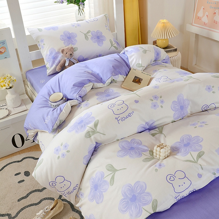 91家纺网 家纺一手货源 找家纺 悦织湾家纺 2025新款13372全棉纯棉印花学生三件套正宗高密度活性环保印染上下铺三件套 花间小熊-蓝