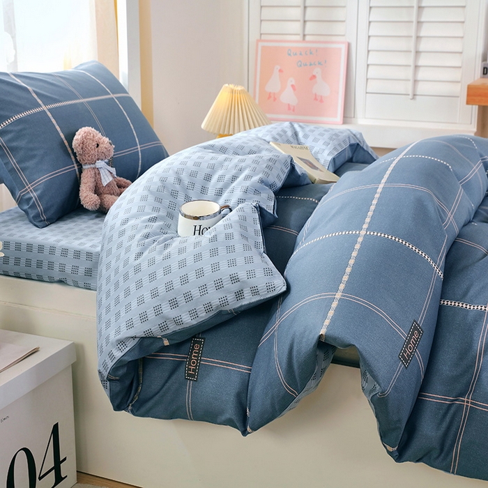 91家纺网 家纺一手货源 找家纺 悦织湾家纺 2025新款13372全棉纯棉印花学生三件套正宗高密度活性环保印染上下铺三件套 卡特-蓝