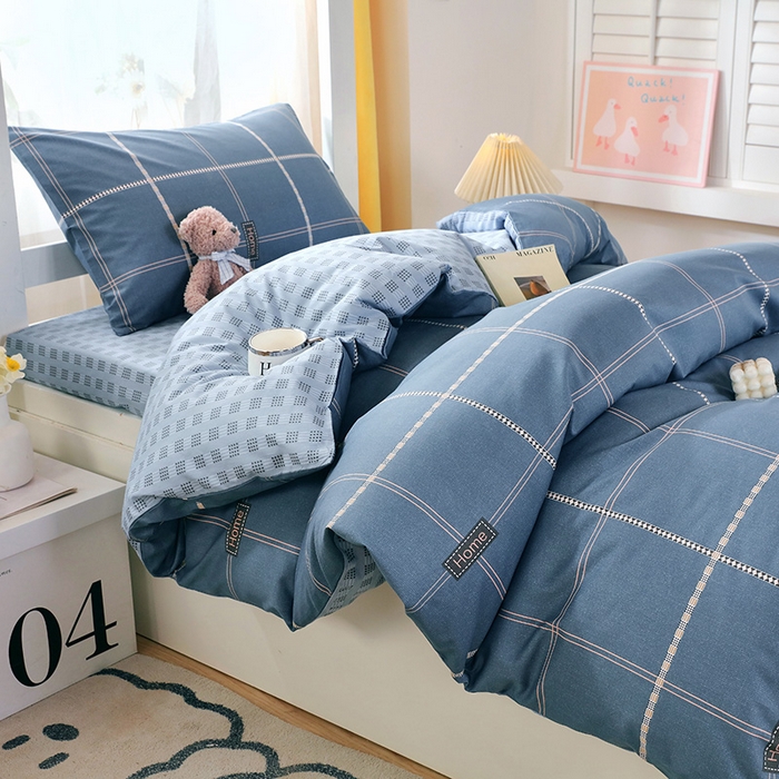 91家纺网 家纺一手货源 找家纺 悦织湾家纺 2025新款13372全棉纯棉印花学生三件套正宗高密度活性环保印染上下铺三件套 卡特-蓝