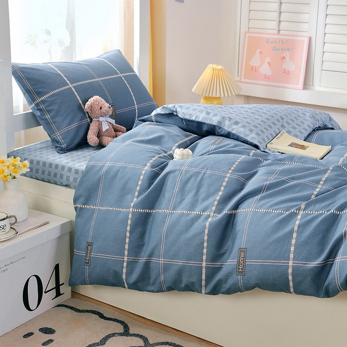 91家纺网 家纺一手货源 找家纺 悦织湾家纺 2025新款13372全棉纯棉印花学生三件套正宗高密度活性环保印染上下铺三件套 卡特-蓝