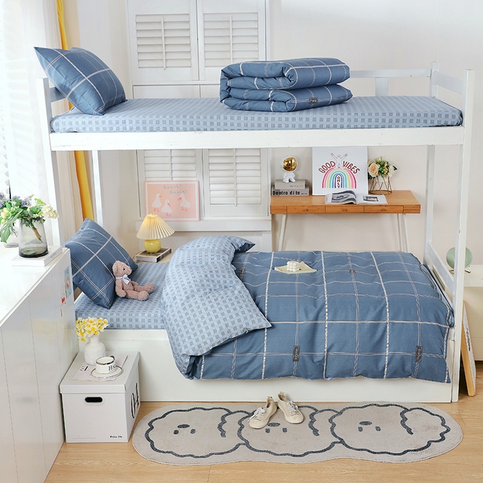 91家纺网 家纺一手货源 找家纺 悦织湾家纺 2025新款13372全棉纯棉印花学生三件套正宗高密度活性环保印染上下铺三件套 卡特-蓝