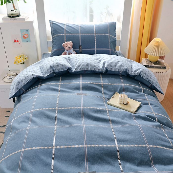 91家纺网 家纺一手货源 找家纺 悦织湾家纺 2025新款13372全棉纯棉印花学生三件套正宗高密度活性环保印染上下铺三件套 卡特-蓝