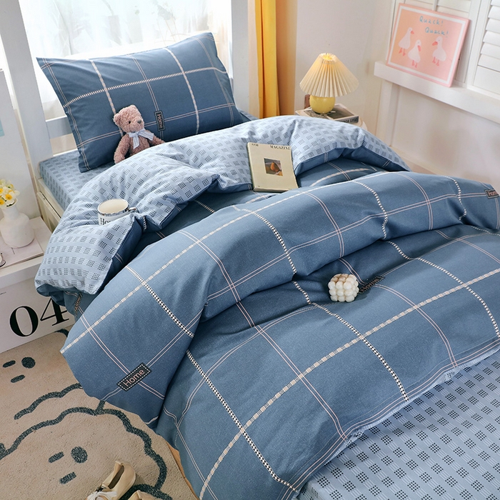 91家纺网 家纺一手货源 找家纺 悦织湾家纺 2025新款13372全棉纯棉印花学生三件套正宗高密度活性环保印染上下铺三件套 卡特-蓝