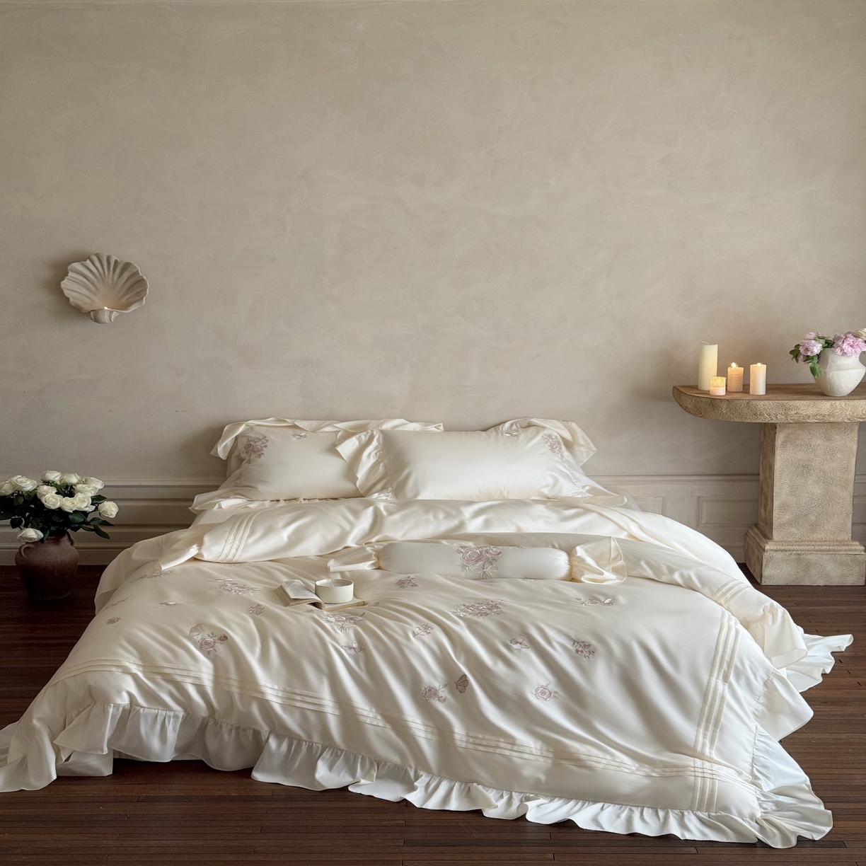 91家纺网 家纺一手货源 找家纺 MIU缪家居 2025新款亲肤舒适100支全棉纯棉四件套-花溪 花溪-白色