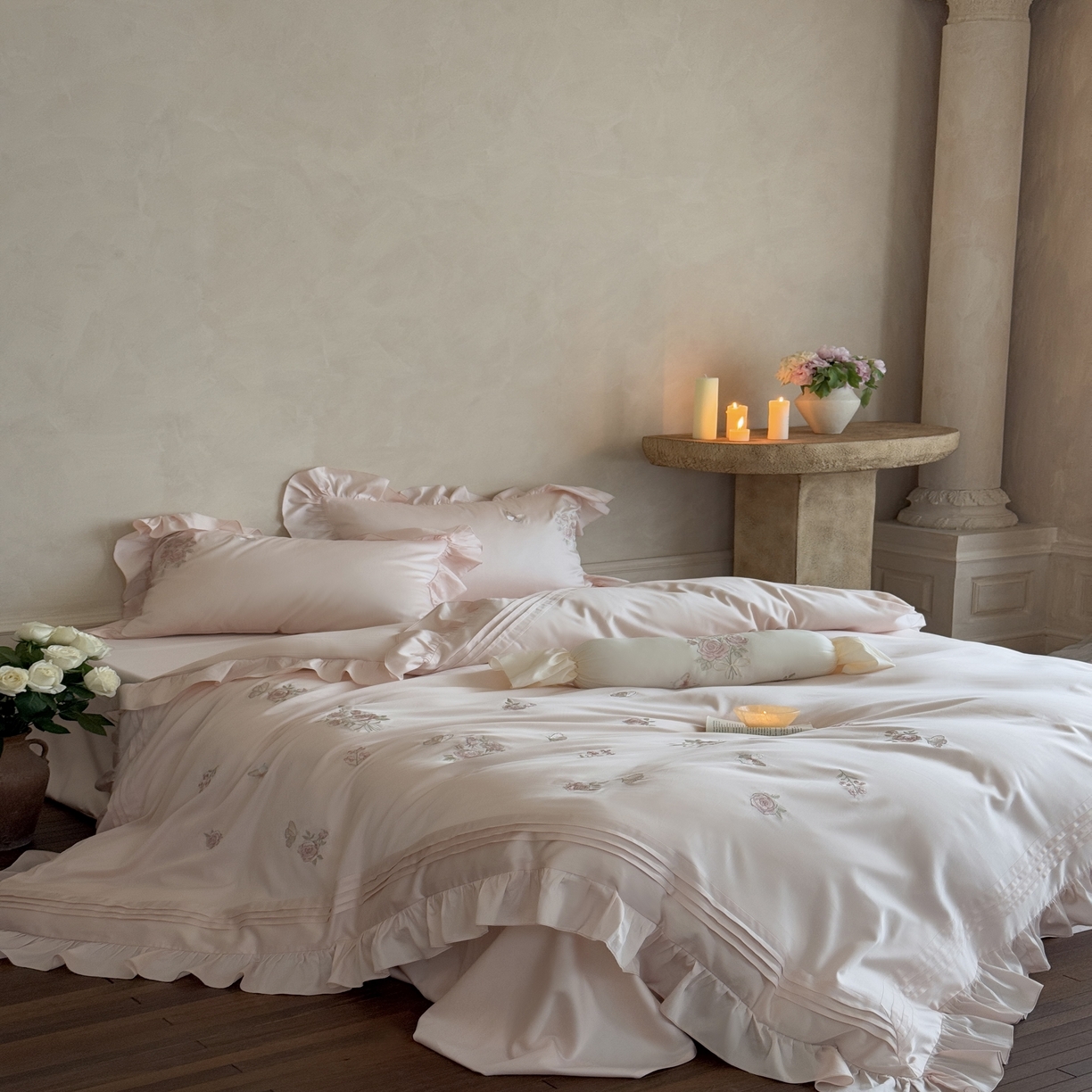 91家纺网 家纺一手货源 找家纺 MIU缪家居 2025新款亲肤舒适100支全棉纯棉四件套-花溪 花溪-粉色