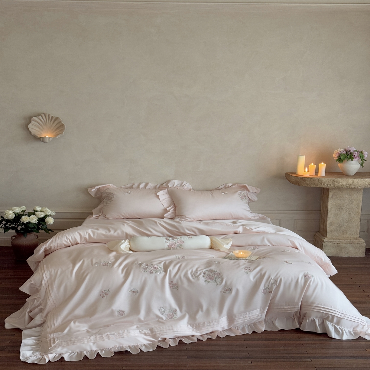 91家纺网 家纺一手货源 找家纺 MIU缪家居 2025新款亲肤舒适100支全棉纯棉四件套-花溪 花溪-粉色