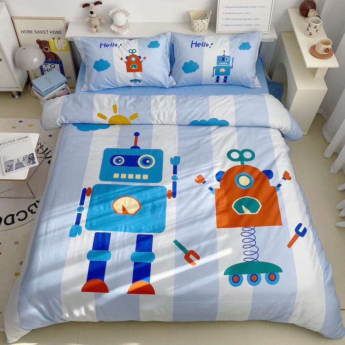 91家纺网 家纺一手货源 找家纺 柚可家居 2024定版数码印花卡通40全棉四件套 机器人蓝