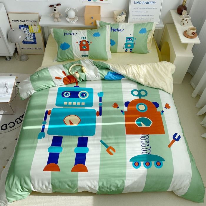 91家纺网 家纺一手货源 找家纺 柚可家居 2024定版数码印花卡通40全棉四件套 机器人绿