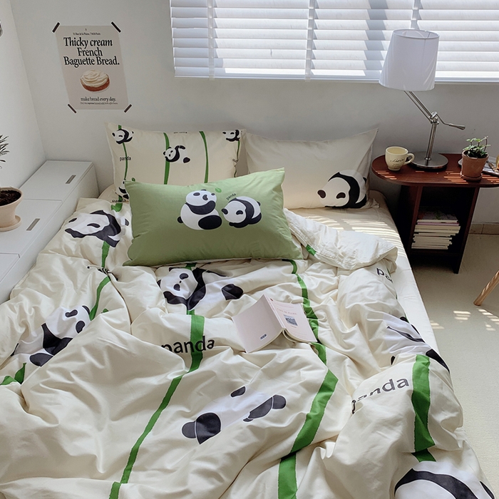 91家纺网 家纺一手货源 找家纺 柚可家居 2024定版数码印花卡通40全棉四件套 熊猫