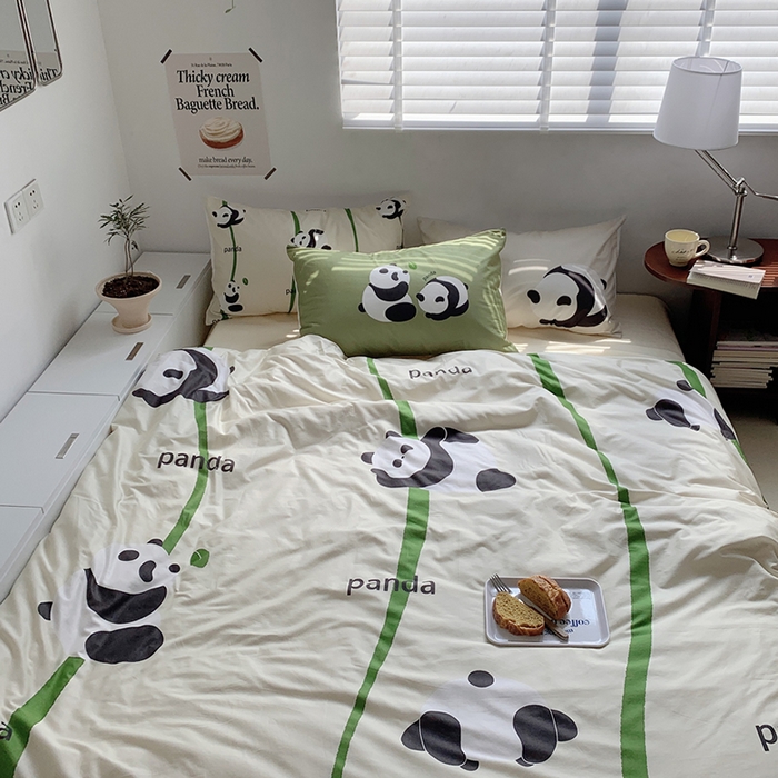 91家纺网 家纺一手货源 找家纺 柚可家居 2024定版数码印花卡通40全棉四件套 熊猫