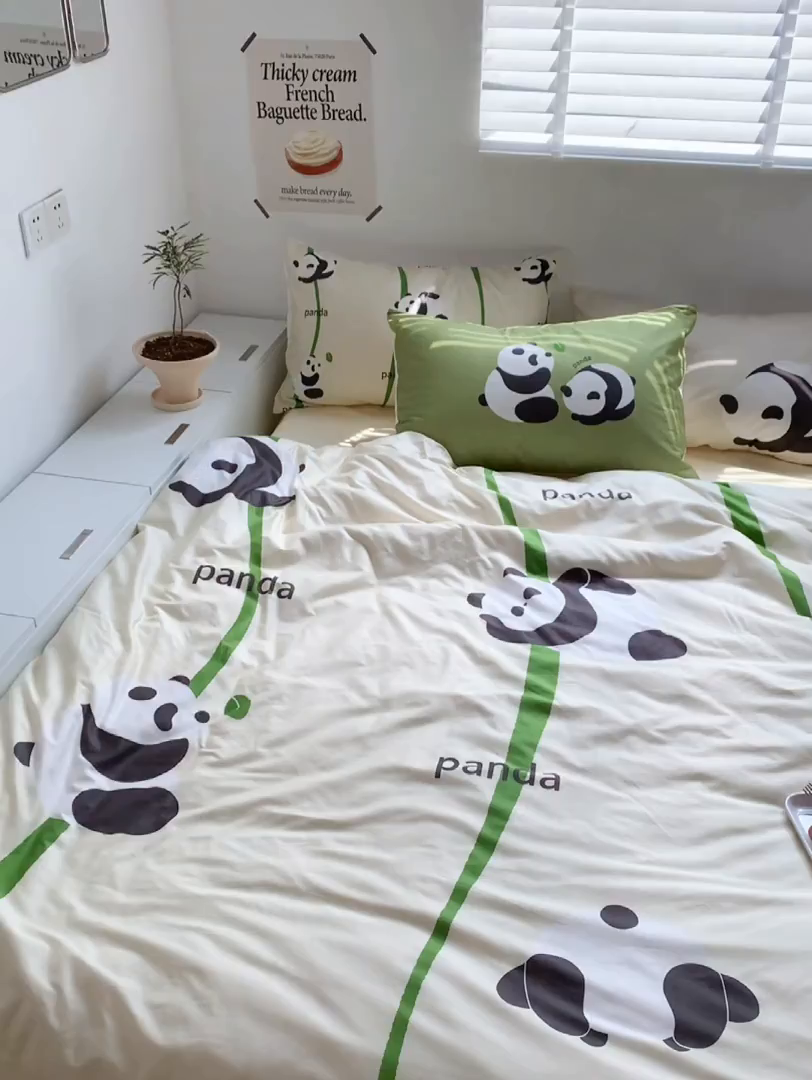 91家纺网 家纺一手货源 找家纺 柚可家居 2024定版数码印花卡通40全棉四件套 熊猫