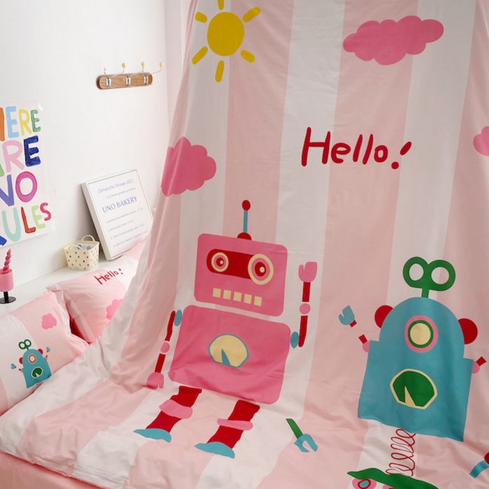 91家纺网 家纺一手货源 找家纺 柚可家居 2024定版数码印花卡通40全棉四件套 机器人粉