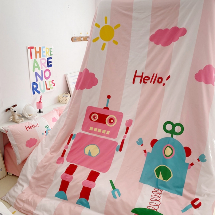 91家纺网 家纺一手货源 找家纺 柚可家居 2024定版数码印花卡通40全棉四件套 机器人粉