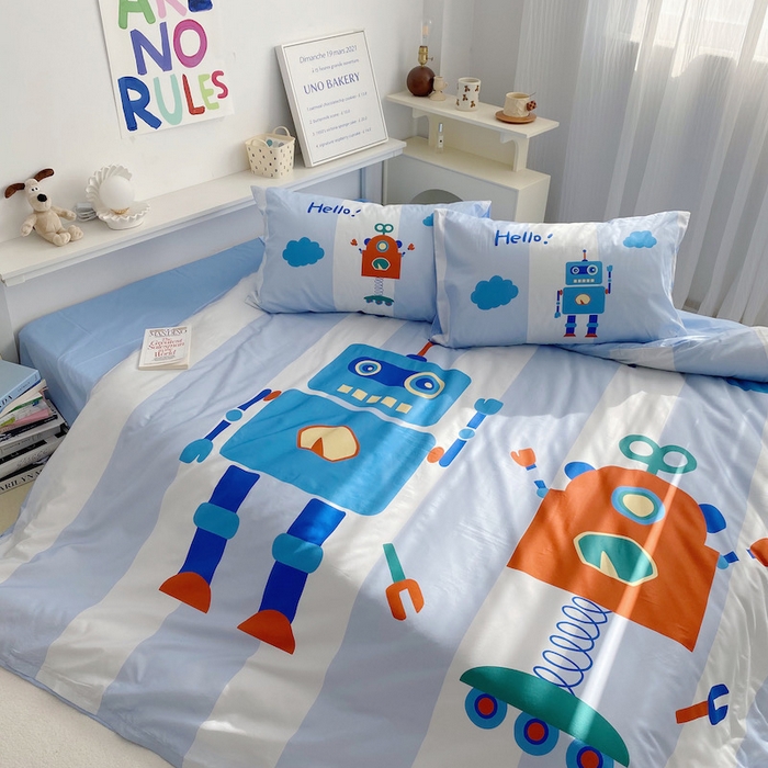 91家纺网 家纺一手货源 找家纺 柚可家居 2024定版数码印花卡通40全棉四件套 机器人蓝