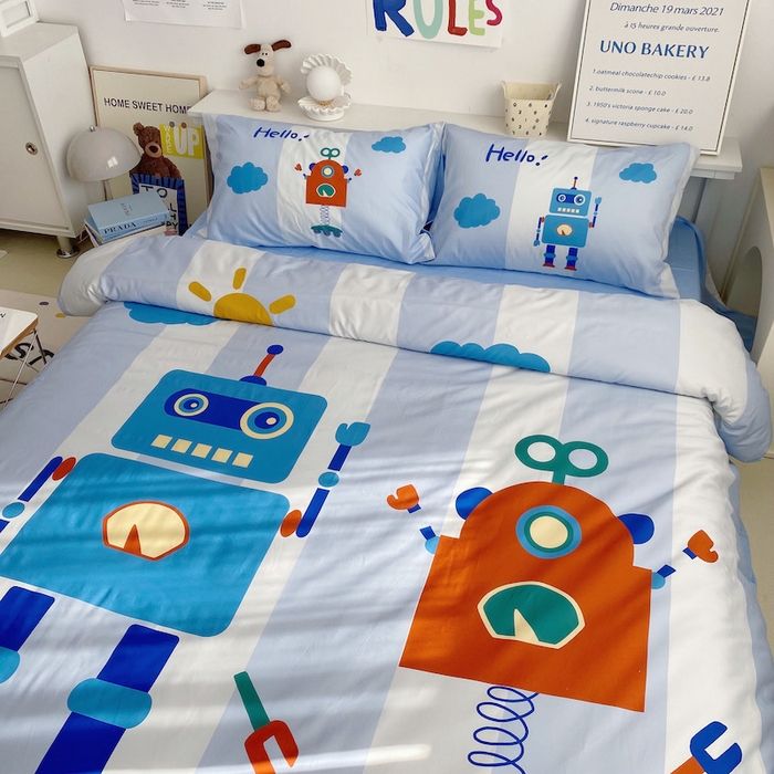 91家纺网 家纺一手货源 找家纺 柚可家居 2024定版数码印花卡通40全棉四件套 机器人蓝