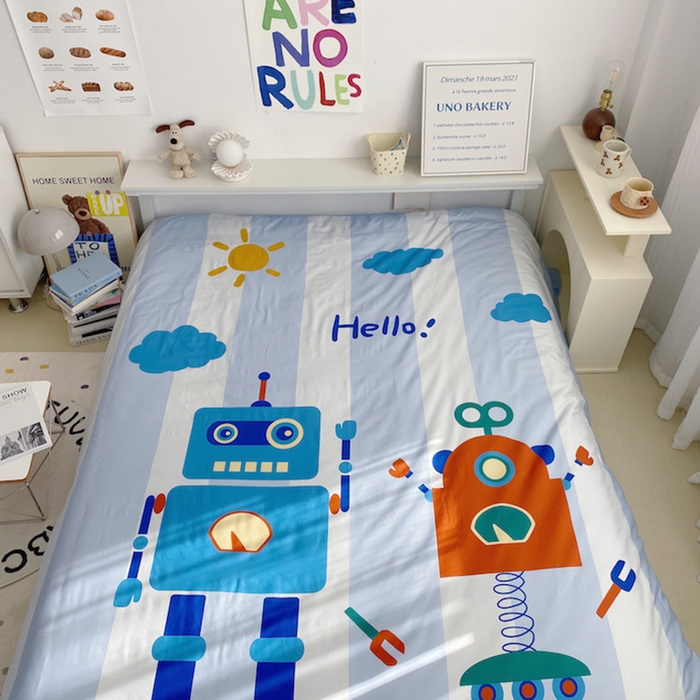 91家纺网 家纺一手货源 找家纺 柚可家居 2024定版数码印花卡通40全棉四件套 机器人蓝