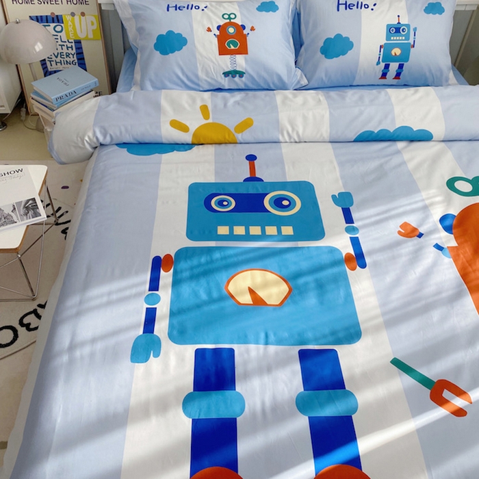 91家纺网 家纺一手货源 找家纺 柚可家居 2024定版数码印花卡通40全棉四件套 机器人蓝