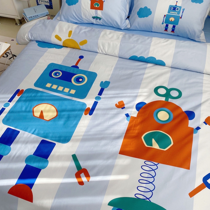 91家纺网 家纺一手货源 找家纺 柚可家居 2024定版数码印花卡通40全棉四件套 机器人蓝