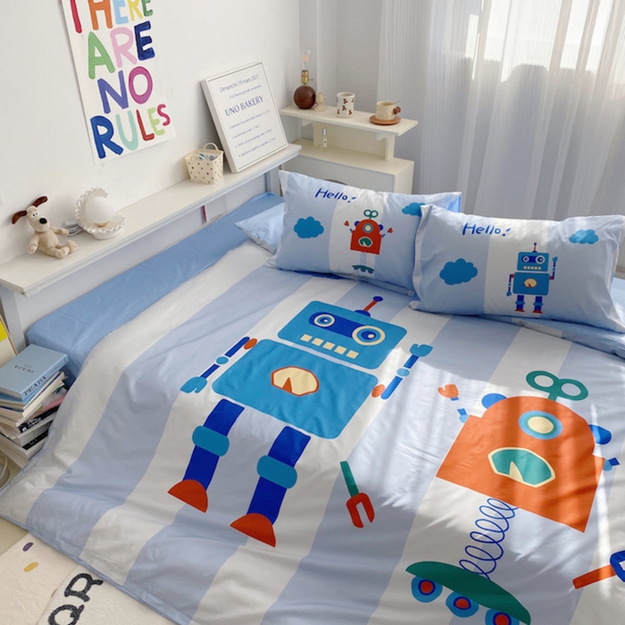 91家纺网 家纺一手货源 找家纺 柚可家居 2024定版数码印花卡通40全棉四件套 机器人蓝