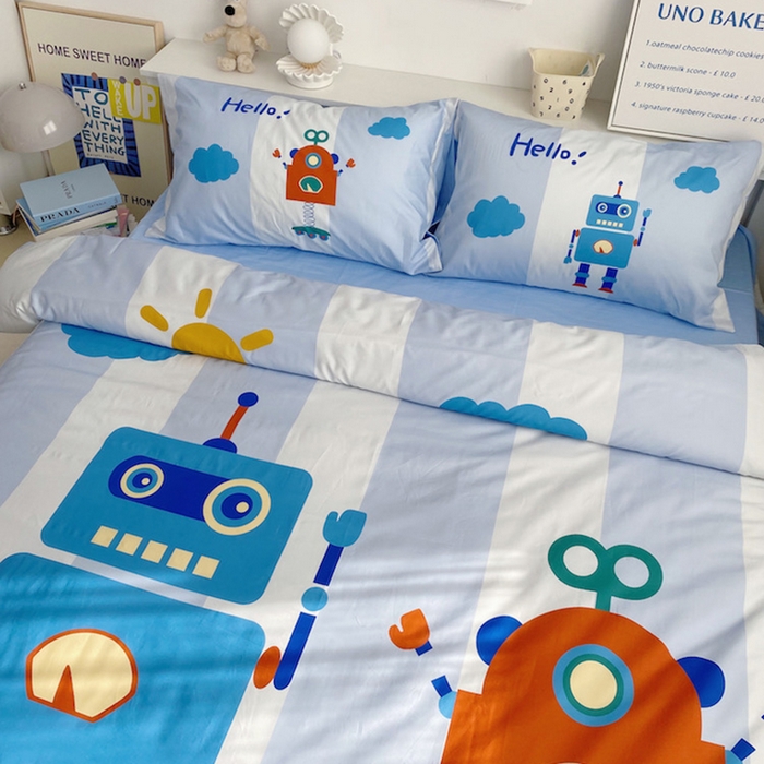 91家纺网 家纺一手货源 找家纺 柚可家居 2024定版数码印花卡通40全棉四件套 机器人蓝