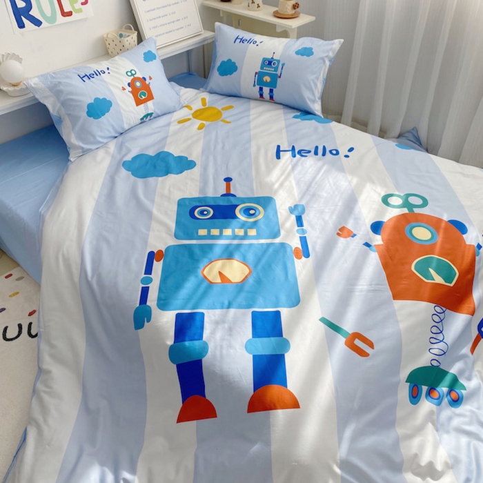 91家纺网 家纺一手货源 找家纺 柚可家居 2024定版数码印花卡通40全棉四件套 机器人蓝