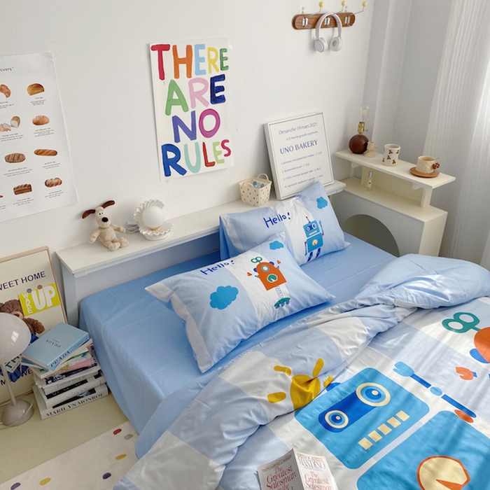 91家纺网 家纺一手货源 找家纺 柚可家居 2024定版数码印花卡通40全棉四件套 机器人蓝