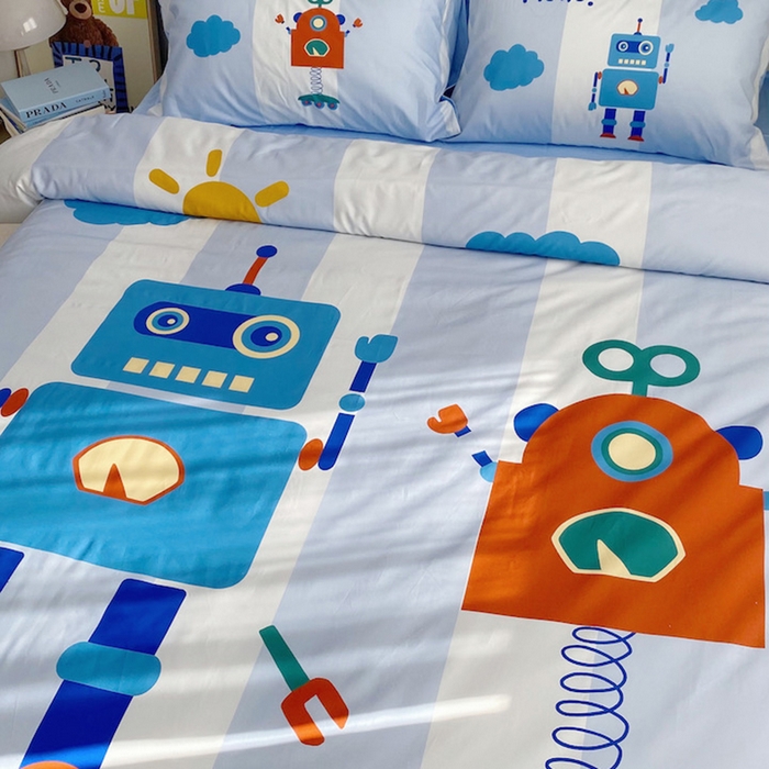 91家纺网 家纺一手货源 找家纺 柚可家居 2024定版数码印花卡通40全棉四件套 机器人蓝