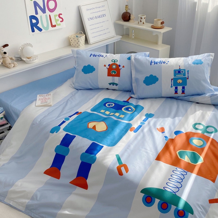 91家纺网 家纺一手货源 找家纺 柚可家居 2024定版数码印花卡通40全棉四件套 机器人蓝