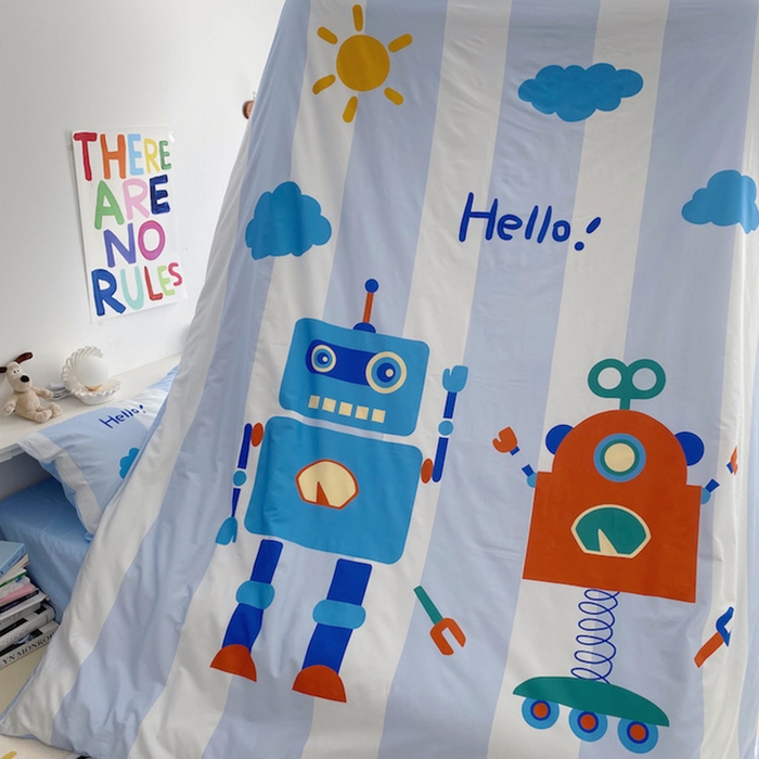 91家纺网 家纺一手货源 找家纺 柚可家居 2024定版数码印花卡通40全棉四件套 机器人蓝