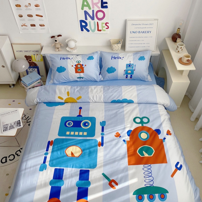 91家纺网 家纺一手货源 找家纺 柚可家居 2024定版数码印花卡通40全棉四件套 机器人蓝