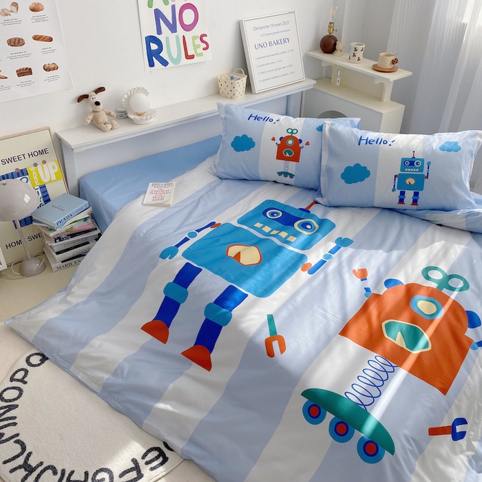 91家纺网 家纺一手货源 找家纺 柚可家居 2024定版数码印花卡通40全棉四件套 机器人蓝