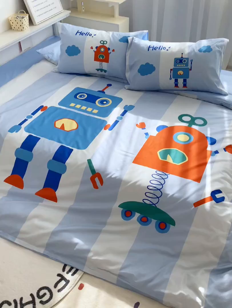 91家纺网 家纺一手货源 找家纺 柚可家居 2024定版数码印花卡通40全棉四件套 机器人蓝