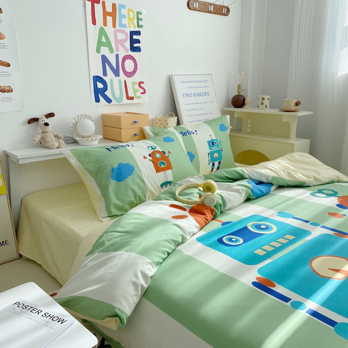 91家纺网 家纺一手货源 找家纺 柚可家居 2024定版数码印花卡通40全棉四件套 机器人绿