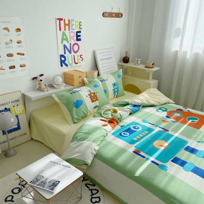 91家纺网 家纺一手货源 找家纺 柚可家居 2024定版数码印花卡通40全棉四件套 机器人绿