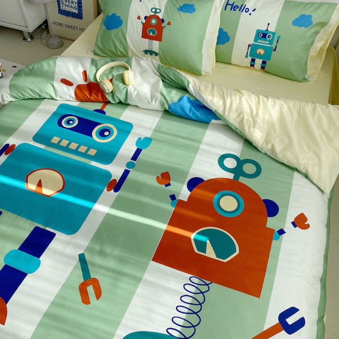 91家纺网 家纺一手货源 找家纺 柚可家居 2024定版数码印花卡通40全棉四件套 机器人绿