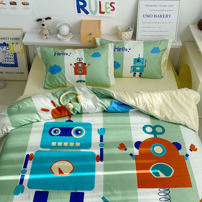 91家纺网 家纺一手货源 找家纺 柚可家居 2024定版数码印花卡通40全棉四件套 机器人绿