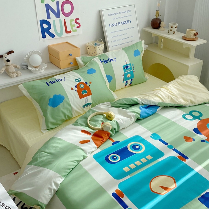 91家纺网 家纺一手货源 找家纺 柚可家居 2024定版数码印花卡通40全棉四件套 机器人绿