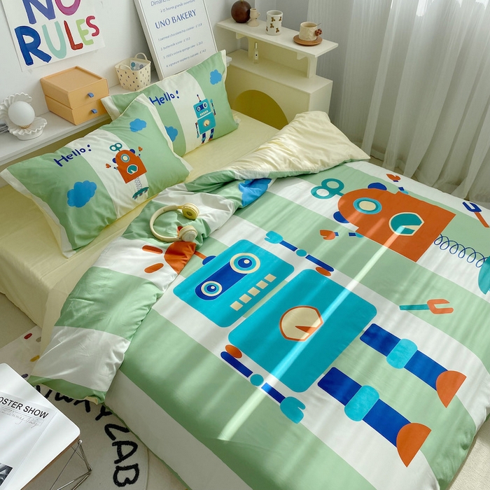 91家纺网 家纺一手货源 找家纺 柚可家居 2024定版数码印花卡通40全棉四件套 机器人绿