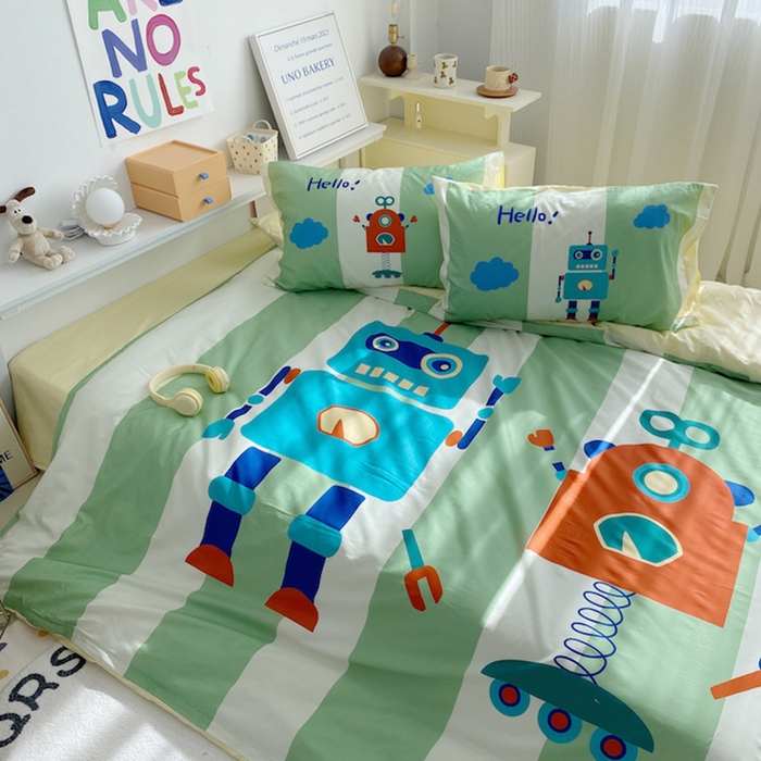 91家纺网 家纺一手货源 找家纺 柚可家居 2024定版数码印花卡通40全棉四件套 机器人绿