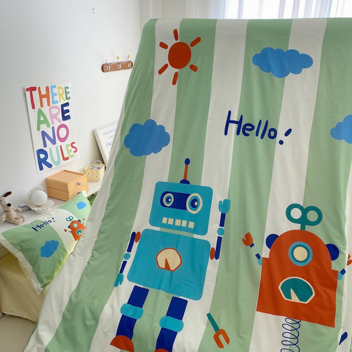 91家纺网 家纺一手货源 找家纺 柚可家居 2024定版数码印花卡通40全棉四件套 机器人绿