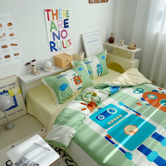 91家纺网 家纺一手货源 找家纺 柚可家居 2024定版数码印花卡通40全棉四件套 机器人绿