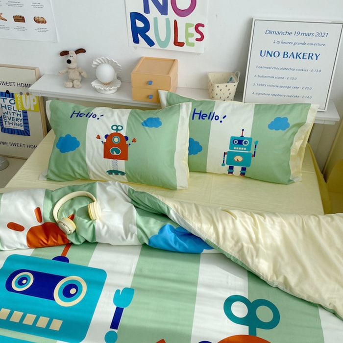 91家纺网 家纺一手货源 找家纺 柚可家居 2024定版数码印花卡通40全棉四件套 机器人绿