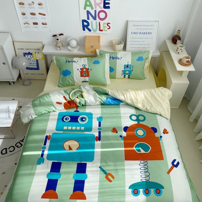 91家纺网 家纺一手货源 找家纺 柚可家居 2024定版数码印花卡通40全棉四件套 机器人绿