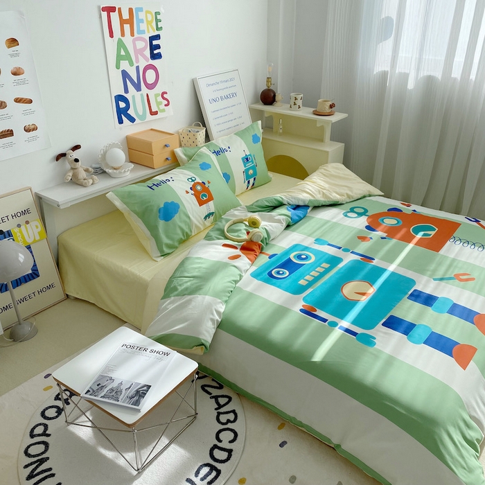 91家纺网 家纺一手货源 找家纺 柚可家居 2024定版数码印花卡通40全棉四件套 机器人绿