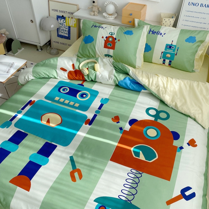 91家纺网 家纺一手货源 找家纺 柚可家居 2024定版数码印花卡通40全棉四件套 机器人绿