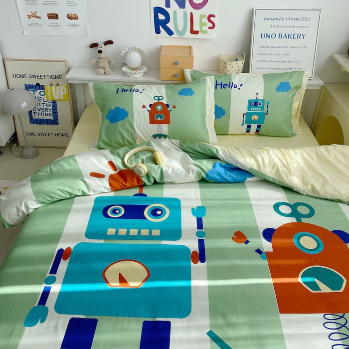 91家纺网 家纺一手货源 找家纺 柚可家居 2024定版数码印花卡通40全棉四件套 机器人绿