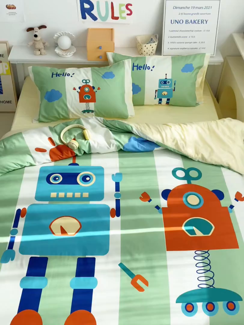 91家纺网 家纺一手货源 找家纺 柚可家居 2024定版数码印花卡通40全棉四件套 机器人绿