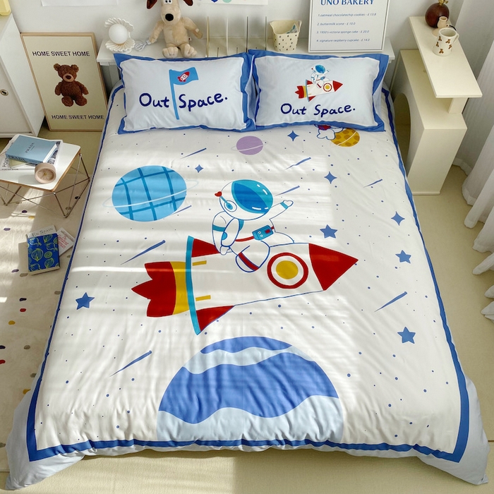 91家纺网 家纺一手货源 找家纺 柚可家居 2024定版数码印花卡通40全棉四件套 宇航员白