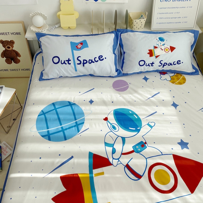 91家纺网 家纺一手货源 找家纺 柚可家居 2024定版数码印花卡通40全棉四件套 宇航员白