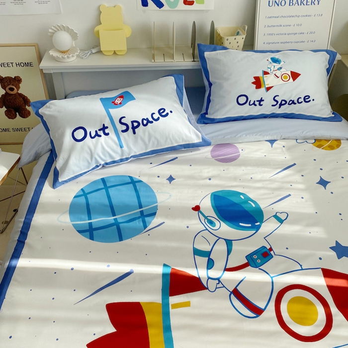 91家纺网 家纺一手货源 找家纺 柚可家居 2024定版数码印花卡通40全棉四件套 宇航员白